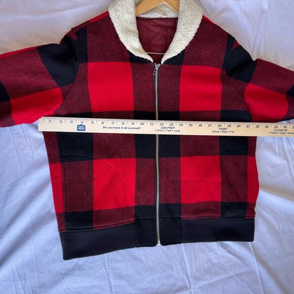 WOOLRICH Red Plaid Bomber Jacket Full Zipper Qulited Sherpa Large Women Wool - Picture 7 of 14